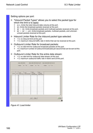 Network Load Control
166
8.3 Rate Limiter
UM Basic Configuration L2P
Release 7.1 12/2011
Setting options per port:
 "Inbound Packet Types" allows you to select the packet type for
which the limit is to apply:
 All, limits the total inbound data volume at this port.
 BC, limits the broadcast packets received at this port.
 BC + MC, limits broadcast packets and multicast packets received at this port.
 BC + MC + uUC, limits broadcast packets, multicast packets, and unknown
unicast packets received at this port.
 Inbound Limiter Rate for the inbound packet type selected:
 = 0, no inbound limit at this port.
 > 0, maximum inbound traffic rate in kbit/s that can be received at this port.
 Outbound Limiter Rate for broadcast packets:
 = 0, no rate limit for outbound broadcast packets at this port.
 > 0, maximum number of outbound broadcasts per second that can be sent at this
port.
 Outbound Limiter Rate for the entire data stream:
 = 0, no rate limit for outbound data stream at this port.
 > 0, maximum outbound traffic rate in kbit/s sent at this port.
Figure 41: Load limiter
 