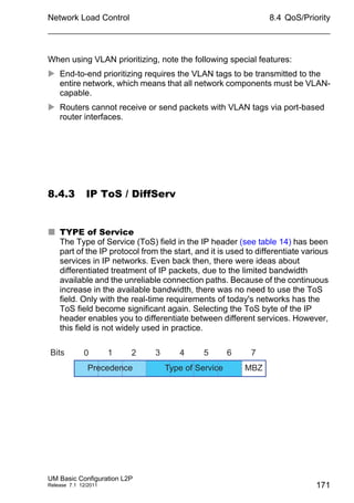 Network Load Control
UM Basic Configuration L2P
Release 7.1 12/2011
8.4 QoS/Priority
171
When using VLAN prioritizing, note the following special features:
 End-to-end prioritizing requires the VLAN tags to be transmitted to the
entire network, which means that all network components must be VLAN-
capable.
 Routers cannot receive or send packets with VLAN tags via port-based
router interfaces.
8.4.3 IP ToS / DiffServ
 TYPE of Service
The Type of Service (ToS) field in the IP header (see table 14) has been
part of the IP protocol from the start, and it is used to differentiate various
services in IP networks. Even back then, there were ideas about
differentiated treatment of IP packets, due to the limited bandwidth
available and the unreliable connection paths. Because of the continuous
increase in the available bandwidth, there was no need to use the ToS
field. Only with the real-time requirements of today's networks has the
ToS field become significant again. Selecting the ToS byte of the IP
header enables you to differentiate between different services. However,
this field is not widely used in practice.
Bits 0 1 32 4 5 6 7
MBZPrecedence Type of Service
 
