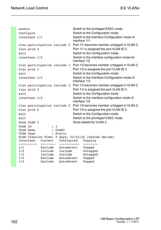Network Load Control
192
8.6 VLANs
UM Basic Configuration L2P
Release 7.1 12/2011
enable Switch to the privileged EXEC mode.
configure Switch to the Configuration mode.
interface 1/1 Switch to the Interface Configuration mode of
interface 1/1.
vlan participation include 2 Port 1/1 becomes member untagged in VLAN 2.
vlan pvid 2 Port 1/1 is assigned the port VLAN ID 2.
exit Switch to the Configuration mode.
interface 1/2 Switch to the interface configuration mode for
interface 1/2.
vlan participation include 3 Port 1/2 becomes member untagged in VLAN 3.
vlan pvid 3 Port 1/2 is assigned the port VLAN ID 3.
exit Switch to the Configuration mode.
interface 1/3 Switch to the Interface Configuration mode of
Interface 1/3.
vlan participation include 3 Port 1/3 becomes member untagged in VLAN 3.
vlan pvid 3 Port 1/3 is assigned the port VLAN ID 3.
exit Switch to the Configuration mode.
interface 1/4 Switch to the interface configuration mode of
interface 1/4.
vlan participation include 2 Port 1/4 becomes member untagged in VLAN 2.
vlan pvid 2 Port 1/4 is assigned the port VLAN ID 2.
exit Switch to the Configuration mode.
exit Switch to the privileged EXEC mode.
show VLAN 3 Show details for VLAN 3.
VLAN ID : 3
VLAN Name : VLAN3
VLAN Type : Static
VLAN Creation Time: 0 days, 02:52:26 (System Uptime)
Interface Current Configured Tagging
---------- -------- ----------- --------
1/1 Exclude Autodetect Tagged
1/2 Include Include Untagged
1/3 Include Include Untagged
1/4 Exclude Autodetect Tagged
1/5 Exclude Autodetect Tagged
 