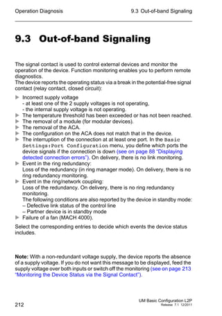 Operation Diagnosis
212
9.3 Out-of-band Signaling
UM Basic Configuration L2P
Release 7.1 12/2011
9.3 Out-of-band Signaling
The signal contact is used to control external devices and monitor the
operation of the device. Function monitoring enables you to perform remote
diagnostics.
The device reports the operating status via a break in the potential-free signal
contact (relay contact, closed circuit):
 Incorrect supply voltage
- at least one of the 2 supply voltages is not operating,
- the internal supply voltage is not operating.
 The temperature threshold has been exceeded or has not been reached.
 The removal of a module (for modular devices).
 The removal of the ACA.
 The configuration on the ACA does not match that in the device.
 The interruption of the connection at at least one port. In the Basic
Settings:Port Configuration menu, you define which ports the
device signals if the connection is down (see on page 88 “Displaying
detected connection errors”). On delivery, there is no link monitoring.
 Event in the ring redundancy:
Loss of the redundancy (in ring manager mode). On delivery, there is no
ring redundancy monitoring.
 Event in the ring/network coupling:
Loss of the redundancy. On delivery, there is no ring redundancy
monitoring.
The following conditions are also reported by the device in standby mode:
– Defective link status of the control line
– Partner device is in standby mode
 Failure of a fan (MACH 4000).
Select the corresponding entries to decide which events the device status
includes.
Note: With a non-redundant voltage supply, the device reports the absence
of a supply voltage. If you do not want this message to be displayed, feed the
supply voltage over both inputs or switch off the monitoring (see on page 213
“Monitoring the Device Status via the Signal Contact”).
 