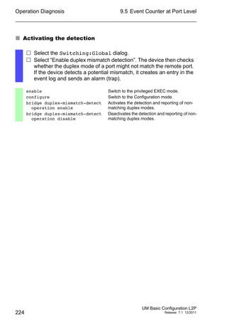 Operation Diagnosis
224
9.5 Event Counter at Port Level
UM Basic Configuration L2P
Release 7.1 12/2011
 Activating the detection
 Select the Switching:Global dialog.
 Select “Enable duplex mismatch detection”. The device then checks
whether the duplex mode of a port might not match the remote port.
If the device detects a potential mismatch, it creates an entry in the
event log and sends an alarm (trap).
enable Switch to the privileged EXEC mode.
configure Switch to the Configuration mode.
bridge duplex-mismatch-detect
operation enable
Activates the detection and reporting of non-
matching duplex modes.
bridge duplex-mismatch-detect
operation disable
Deactivates the detection and reporting of non-
matching duplex modes.
 