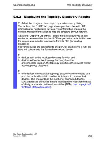 Operation Diagnosis
UM Basic Configuration L2P
Release 7.1 12/2011
9.8 Topology Discovery
229
9.8.2 Displaying the Topology Discovery Results
 Select the Diagnostics:Topology Discovery dialog.
The table on the “LLDP” tab page shows you the collected LLDP
information for neighboring devices. This information enables the
network management station to map the structure of your network.
Activating “Display FDB entries” below the table allows you to add
entries for devices without active LLDP support to the table. In this case,
the device also includes information from its FDB (forwarding
database).
If several devices are connected to one port, for example via a hub, the
table will contain one line for each connected device.
If
 devices with active topology discovery function and
 devices without active topology discovery function
are connected to a port, the topology table hides the devices without
active topology discovery.
If
 only devices without active topology discovery are connected to a
port, the table will contain one line for this port to represent all
devices. This line contains the number of connected devices.
MAC addresses of devices that the topology table hides for the sake
of clarity, are located in the address table (FDB), (see on page 148
“Entering Static Addresses”).
 