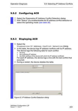 Operation Diagnosis
UM Basic Configuration L2P
Release 7.1 12/2011
9.9 Detecting IP Address Conflicts
231
9.9.2 Configuring ACD
9.9.3 Displaying ACD
 Select the Diagnostics:IP Address Conflict Detection dialog.
 With "Status" you enable/disable the IP address conflict detection or
select the operating mode (see table 28).
 Select the
Diagnostics:IP Address Conflict Detection dialog.
 In the table, the device logs IP address conflicts with its IP address.
The device logs the following data for each conflict:
 the time
 the conflicting IP address
 the MAC address of the device with which the IP address conflicted.
For each IP address, the device logs a line with the last conflict that
occurred.
 During a restart, the device deletes the table.
Figure 61: IP Address Conflict Detection dialog
 