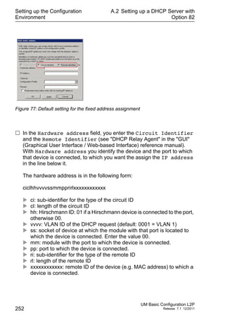 Setting up the Configuration
Environment
252
A.2 Setting up a DHCP Server with
Option 82
UM Basic Configuration L2P
Release 7.1 12/2011
Figure 77: Default setting for the fixed address assignment
 In the Hardware address field, you enter the Circuit Identifier
and the Remote Identifier (see "DHCP Relay Agent" in the "GUI"
(Graphical User Interface / Web-based Interface) reference manual).
With Hardware address you identify the device and the port to which
that device is connected, to which you want the assign the IP address
in the line below it.
The hardware address is in the following form:
ciclhhvvvvssmmpprirlxxxxxxxxxxxx
 ci: sub-identifier for the type of the circuit ID
 cl: length of the circuit ID
 hh: Hirschmann ID: 01 if a Hirschmann device is connected to the port,
otherwise 00.
 vvvv: VLAN ID of the DHCP request (default: 0001 = VLAN 1)
 ss: socket of device at which the module with that port is located to
which the device is connected. Enter the value 00.
 mm: module with the port to which the device is connected.
 pp: port to which the device is connected.
 ri: sub-identifier for the type of the remote ID
 rl: length of the remote ID
 xxxxxxxxxxxx: remote ID of the device (e.g. MAC address) to which a
device is connected.
 
