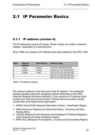 Entering the IP Parameters
UM Basic Configuration L2P
Release 7.1 12/2011
2.1 IP Parameter Basics
27
2.1 IP Parameter Basics
2.1.1 IP address (version 4)
The IP addresses consist of 4 bytes. These 4 bytes are written in decimal
notation, separated by a decimal point.
Since 1992, five classes of IP address have been defined in the RFC 1340.
The network address is the fixed part of the IP address. The worldwide
leading regulatory board for assigning network addresses is the IANA
(Internet Assigned Numbers Authority). If you require an IP address block,
contact your Internet service provider. Internet service providers should
contact their local higher-level organization:
 APNIC (Asia Pacific Network Information Center) - Asia/Pacific Region
 ARIN (American Registry for Internet Numbers) - Americas and Sub-
Sahara Africa
 LACNIC (Regional Latin-American and Caribbean IP Address Registry) –
Latin America and some Caribbean Islands
 RIPE NCC (Réseaux IP Européens) - Europe and Surrounding Regions
Class Network
address
Host address Address range
A 1 byte 3 bytes 1.0.0.0 to 126.255.255.255
B 2 bytes 2 bytes 128.0.0.0 to 191.255.255.255
C 3 bytes 1 byte 192.0.0.0 to 223.255.255.255
D 224.0.0.0 to 239.255.255.255
E 240.0.0.0 to 255.255.255.255
Table 2: IP address classes
 