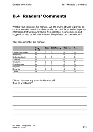 General Information
UM Basic Configuration L2P
Release 7.1 12/2011
B.4 Readers’ Comments
271
B.4 Readers’ Comments
What is your opinion of this manual? We are always striving to provide as
comprehensive a description of our product as possible, as well as important
information that will ensure trouble-free operation. Your comments and
suggestions help us to further improve the quality of our documentation.
Your assessment of this manual:
Did you discover any errors in this manual?
If so, on what page?
Very
Good
Good Satisfactory Mediocre Poor
Precise description O O O O O
Readability O O O O O
Understandability O O O O O
Examples O O O O O
Structure O O O O O
Completeness O O O O O
Graphics O O O O O
Drawings O O O O O
Tables O O O O O
 