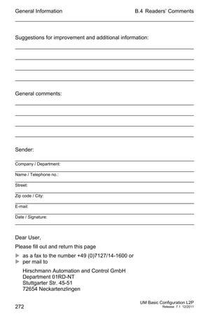 General Information
272
B.4 Readers’ Comments
UM Basic Configuration L2P
Release 7.1 12/2011
Suggestions for improvement and additional information:
General comments:
Sender:
Dear User,
Please fill out and return this page
 as a fax to the number +49 (0)7127/14-1600 or
 per mail to
Hirschmann Automation and Control GmbH
Department 01RD-NT
Stuttgarter Str. 45-51
72654 Neckartenzlingen
Company / Department:
Name / Telephone no.:
Street:
Zip code / City:
E-mail:
Date / Signature:
 