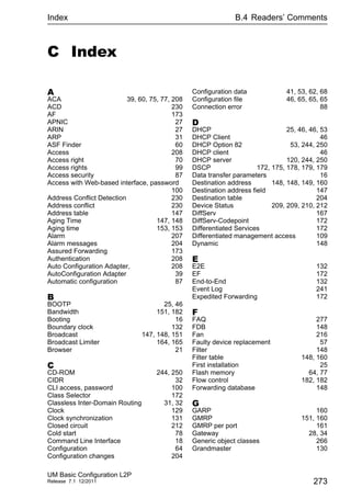 Index B.4 Readers’ Comments
UM Basic Configuration L2P
Release 7.1 12/2011 273
C Index
A
ACA 39, 60, 75, 77, 208
ACD 230
AF 173
APNIC 27
ARIN 27
ARP 31
ASF Finder 60
Access 208
Access right 70
Access rights 99
Access security 87
Access with Web-based interface, password
100
Address Conflict Detection 230
Address conflict 230
Address table 147
Aging Time 147, 148
Aging time 153, 153
Alarm 207
Alarm messages 204
Assured Forwarding 173
Authentication 208
Auto Configuration Adapter, 208
AutoConfiguration Adapter 39
Automatic configuration 87
B
BOOTP 25, 46
Bandwidth 151, 182
Booting 16
Boundary clock 132
Broadcast 147, 148, 151
Broadcast Limiter 164, 165
Browser 21
C
CD-ROM 244, 250
CIDR 32
CLI access, password 100
Class Selector 172
Classless Inter-Domain Routing 31, 32
Clock 129
Clock synchronization 131
Closed circuit 212
Cold start 78
Command Line Interface 18
Configuration 64
Configuration changes 204
Configuration data 41, 53, 62, 68
Configuration file 46, 65, 65, 65
Connection error 88
D
DHCP 25, 46, 46, 53
DHCP Client 46
DHCP Option 82 53, 244, 250
DHCP client 46
DHCP server 120, 244, 250
DSCP 172, 175, 178, 179, 179
Data transfer parameters 16
Destination address 148, 148, 149, 160
Destination address field 147
Destination table 204
Device Status 209, 209, 210, 212
DiffServ 167
DiffServ-Codepoint 172
Differentiated Services 172
Differentiated management access 109
Dynamic 148
E
E2E 132
EF 172
End-to-End 132
Event Log 241
Expedited Forwarding 172
F
FAQ 277
FDB 148
Fan 216
Faulty device replacement 57
Filter 148
Filter table 148, 160
First installation 25
Flash memory 64, 77
Flow control 182, 182
Forwarding database 148
G
GARP 160
GMRP 151, 160
GMRP per port 161
Gateway 28, 34
Generic object classes 266
Grandmaster 130
 