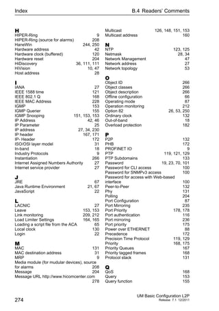 Index
274
B.4 Readers’ Comments
UM Basic Configuration L2P
Release 7.1 12/2011
H
HIPER-Ring 9
HIPER-Ring (source for alarms) 208
HaneWin 244, 250
Hardware address 42
Hardware clock (buffered) 120
Hardware reset 204
HiDiscovery 36, 111, 111
HiVision 10, 47
Host address 28
I
IANA 27
IEEE 1588 time 121
IEEE 802.1 Q 168
IEEE MAC Address 228
IGMP 153
IGMP Querier 155
IGMP Snooping 151, 153, 153
IP Address 42, 46
IP Parameter 25
IP address 27, 34, 230
IP header 167, 171
IP- Header 172
ISO/OSI layer model 31
In-band 18
Industry Protocols 9
Instantiation 266
Internet Assigned Numbers Authority 27
Internet service provider 27
J
JRE 67
Java Runtime Environment 21, 67
JavaScript 22
L
LACNIC 27
Leave 153, 153
Link monitoring 209, 212
Load Limiter Settings 164, 165
Loading a script file from the ACA 65
Local clock 130
Login 22
M
MAC 131
MAC destination address 31
MRP 9
Media module (for mudular devices), source
for alarms 208
Message 204
Message URL http://www.hicomcenter.com
278
Multicast 126, 148, 151, 153
Multicast address 160
N
NTP 123, 125
Netmask 28, 34
Network Management 47
Network address 27
Network topology 53
O
Object ID 266
Object classes 266
Object description 266
Offline configuration 66
Operating mode 87
Operation monitoring 212
Option 82 26, 53, 250
Ordinary clock 132
Out-of-band 18
Overload protection 182
P
P2P 132
PHB 172
PROFINET IO 9
PTP 119, 121, 129
PTP Subdomains 133
Password 19, 23, 70, 101
Password for CLI access 100
Password for SNMPv3 access 100
Password for access with Web-based
interface 100
Peer-to-Peer 132
Phy 131
Polling 204
Port Configuration 87
Port Mirroring 235
Port Priority 178, 178
Port authentication 116
Port mirroring 236
Port priority 175
Power over ETHERNET 88
Precedence 172
Precision Time Protocol 119, 129
Priority 168, 175
Priority Queues 167
Priority tagged frames 168
Protocol stack 131
Q
QoS 168
Query 153
Query function 155
 
