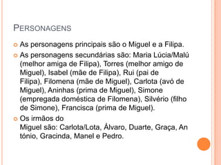 PERSONAGENS
 As personagens principais são o Miguel e a Filipa.
 As personagens secundárias são: Maria Lúcia/Malú
  (melhor amiga de Filipa), Torres (melhor amigo de
  Miguel), Isabel (mãe de Filipa), Rui (pai de
  Filipa), Filomena (mãe de Miguel), Carlota (avó de
  Miguel), Aninhas (prima de Miguel), Simone
  (empregada doméstica de Filomena), Silvério (filho
  de Simone), Francisca (prima de Miguel).
 Os irmãos do
  Miguel são: Carlota/Lota, Álvaro, Duarte, Graça, An
  tónio, Gracinda, Manel e Pedro.
 