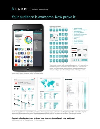 © 2013 Umbel Corp. All Rights Reserved » www.umbel.com
Your audience is awesome. Now prove it.
Contact sales@umbel.com to learn how to prove the value of your audience.
View and gain access to easily customizable segments within your audience.
Reveal the segment of your audience who owns their home, works at Oracle,
belongs to a LinkedIn group, viewed a video on your site, made a purchase,
interacted with your Pepsi ads, loves Roger Federer, or shares your content.
Access Umbel’s elegant interface on desktop and mobile devices.
Get the full story behind any segment within your audience. How many people in your audience have an affitnity for Target? Who are they? Dive deep into
demographics, MSAs, behaviors and interests with Profile Sheets. Download email lists and send hi-res .pdfs directly from the Umbel interface.
brand affinities
7000+ curated categories
demographics
geography & MSAs
social media influencers
technology usage
employers
skills
on-site behaviors
in-app behaviors
physical location
 