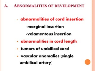 A. ABNORMALITIES OF DEVELOPMENT
 abnormalities of cord insertion
-marginal insertion
-velamentous insertion
 abnormalities in cord length
 tumors of umbilical cord
 vascular anomalies (single
umbilical artery)
 
