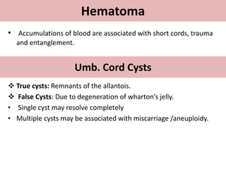 Hematoma
• Accumulations of blood are associated with short cords, trauma
and entanglement.
 True cysts: Remnants of the allantois.
 False Cysts: Due to degeneration of wharton’s jelly.
• Single cyst may resolve completely
• Multiple cysts may be associated with miscarriage /aneuploidy.
Umb. Cord Cysts
 
