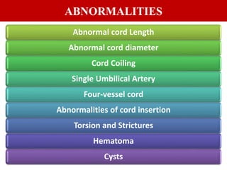 ABNORMALITIES
Abnormal cord Length
Abnormal cord diameter
Cord Coiling
Single Umbilical Artery
Four-vessel cord
Abnormalities of cord insertion
Torsion and Strictures
Hematoma
Cysts
 