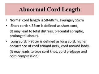 Abnormal Cord Length
• Normal cord length is 50-60cm, averagely 55cm
• Short cord: < 35cm is defined as short cord,
(It may lead to fetal distress, placental abruptio,
prolonged labour).
• Long cord: > 80cm is defined as long cord, higher
occurrence of cord around neck, cord around body.
(It may leads to true cord knot, cord prolapse and
cord compression)
 