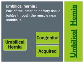 Umbilical hernia :
Part of the intestine or fatty tissue
bulges through the muscle near
umbilicus.
Umbilical
Hernia
Congenital
Acquired
UmbilicalHernia
 
