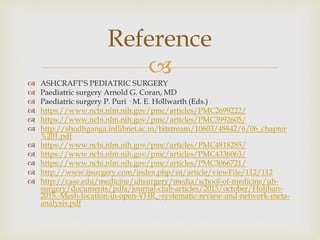 
 ASHCRAFT’S PEDIATRIC SURGERY
 Paediatric surgery Arnold G. Coran, MD
 Paediatric surgery P. Puri · M. E. Höllwarth (Eds.)
 https://www.ncbi.nlm.nih.gov/pmc/articles/PMC2699222/
 https://www.ncbi.nlm.nih.gov/pmc/articles/PMC3992605/
 http://shodhganga.inflibnet.ac.in/bitstream/10603/48842/6/06_chapter
%201.pdf
 https://www.ncbi.nlm.nih.gov/pmc/articles/PMC4818285/
 https://www.ncbi.nlm.nih.gov/pmc/articles/PMC4336063/
 https://www.ncbi.nlm.nih.gov/pmc/articles/PMC3066721/
 http://www.ijsurgery.com/index.php/isj/article/viewFile/112/112
 http://case.edu/medicine/uhsurgery/media/school-of-medicine/uh-
surgery/documents/pdfs/journal-club-articles/2015/october/Holihan-
2015.-Mesh-location-in-open-VHR_-systematic-review-and-network-meta-
analysis.pdf
Reference
 