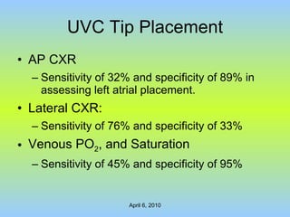 UVC Tip Placement AP CXR Sensitivity of 32% and specificity of 89% in assessing left atrial placement. Lateral CXR: Sensitivity of 76% and specificity of 33% Venous PO 2 , and Saturation Sensitivity of 45% and specificity of 95% 