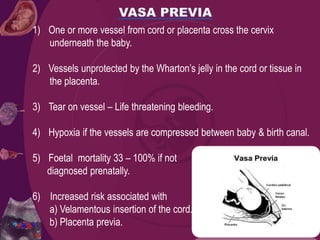1) One or more vessel from cord or placenta cross the cervix
underneath the baby.
2) Vessels unprotected by the Wharton’s jelly in the cord or tissue in
the placenta.
3) Tear on vessel – Life threatening bleeding.
4) Hypoxia if the vessels are compressed between baby & birth canal.
5) Foetal mortality 33 – 100% if not
diagnosed prenatally.
6) Increased risk associated with
a) Velamentous insertion of the cord.
b) Placenta previa.
 
