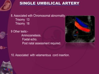 8. Associated with Chromosomal abnormality
Trisomy 13
Trisomy 18
9 Other tests:-
Aminocenetesis.
Foetal echo.
Post natal assessment required.
10. Associated with velamentous cord insertion.
 