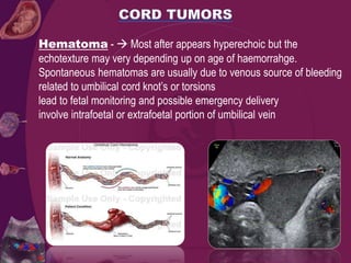 Hematoma -  Most after appears hyperechoic but the
echotexture may very depending up on age of haemorrahge.
Spontaneous hematomas are usually due to venous source of bleeding
related to umbilical cord knot’s or torsions
lead to fetal monitoring and possible emergency delivery
involve intrafoetal or extrafoetal portion of umbilical vein
 