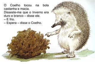 O Coelho tocou na bola
castanha e macia.
Disseste-me que o Inverno era
duro e branco – disse ele.
– E frio.
– Espera – disse o Coelho.
 