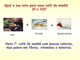 Chá  Torrada  Queijo branco  + + Nota 7: café da manhã com poucas calorias, mas pobre em fibras, vitaminas e minerais. Qual a sua nota para esse café da manhã  (0 a 10)? 