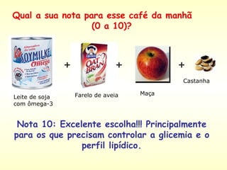 + + + Nota 10: Excelente escolha!!! Principalmente para os que precisam controlar a glicemia e o perfil lipídico. Leite de soja com ômega-3  Farelo de aveia Maça  Castanha  Qual a sua nota para esse café da manhã  (0 a 10)? 