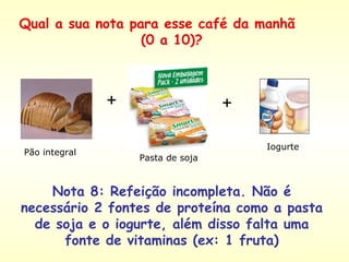 Pão integral  + + Pasta de soja  Iogurte  Nota 8: Refeição incompleta. Não é necessário 2 fontes de proteína como a pasta de soja e o iogurte, além disso falta uma fonte de vitaminas (ex: 1 fruta) Qual a sua nota para esse café da manhã  (0 a 10)? 
