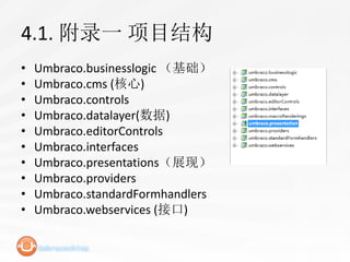 4.1. 附录一 项目结构
•   Umbraco.businesslogic （基础）
•   Umbraco.cms (核心)
•   Umbraco.controls
•   Umbraco.datalayer(数据)
•   Umbraco.editorControls
•   Umbraco.interfaces
•   Umbraco.presentations（展现）
•   Umbraco.providers
•   Umbraco.standardFormhandlers
•   Umbraco.webservices (接口)
 