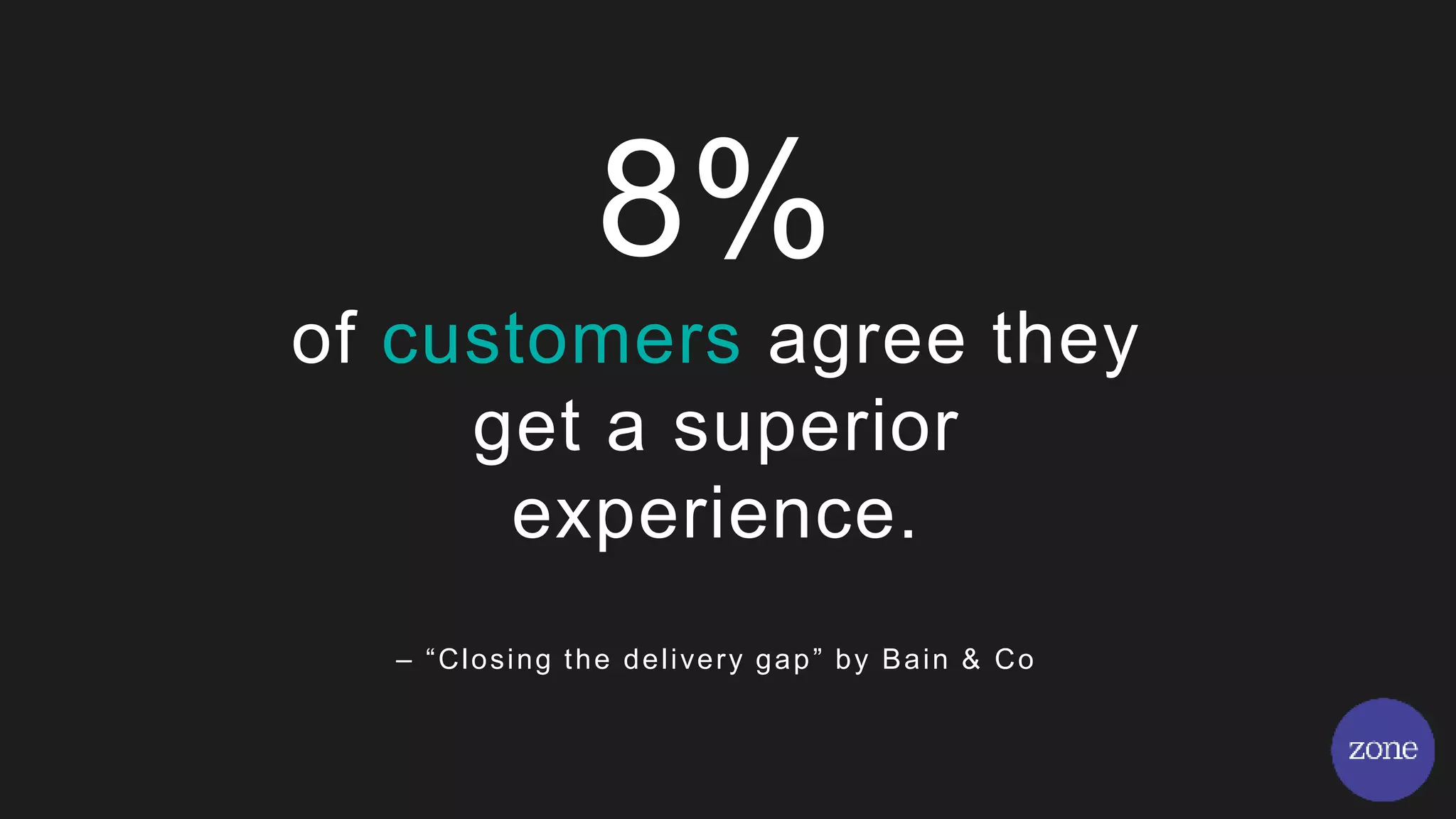 8%
of customers agree they
get a superior
experience.
– “Closing the delivery gap” by Bain & Co
 