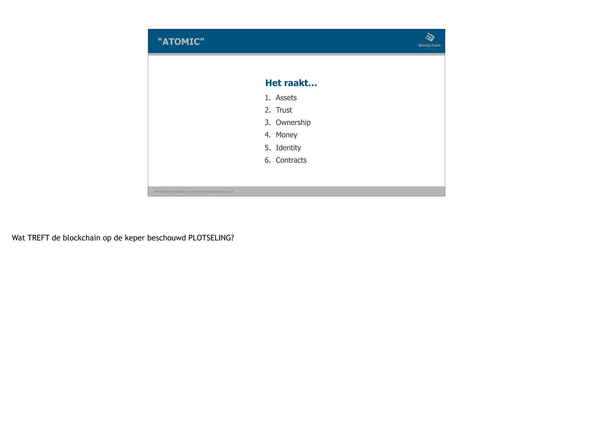 Blockchain Workspace www.blockchainworkspace.com
“ATOMIC”
Het raakt…
1. Assets
2. Trust
3. Ownership
4. Money
5. Identity
6. Contracts
Wat TREFT de blockchain op de keper beschouwd PLOTSELING?
 