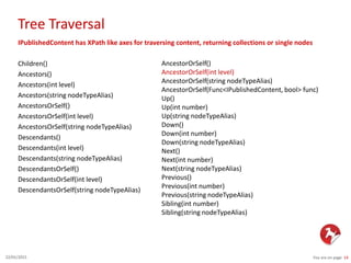 Tree Traversal
You are on page 1422/01/2015
IPublishedContent has XPath like axes for traversing content, returning collections or single nodes
Children()
Ancestors()
Ancestors(int level)
Ancestors(string nodeTypeAlias)
AncestorsOrSelf()
AncestorsOrSelf(int level)
AncestorsOrSelf(string nodeTypeAlias)
Descendants()
Descendants(int level)
Descendants(string nodeTypeAlias)
DescendantsOrSelf()
DescendantsOrSelf(int level)
DescendantsOrSelf(string nodeTypeAlias)
AncestorOrSelf()
AncestorOrSelf(int level)
AncestorOrSelf(string nodeTypeAlias)
AncestorOrSelf(Func<IPublishedContent, bool> func)
Up()
Up(int number)
Up(string nodeTypeAlias)
Down()
Down(int number)
Down(string nodeTypeAlias)
Next()
Next(int number)
Next(string nodeTypeAlias)
Previous()
Previous(int number)
Previous(string nodeTypeAlias)
Sibling(int number)
Sibling(string nodeTypeAlias)
 