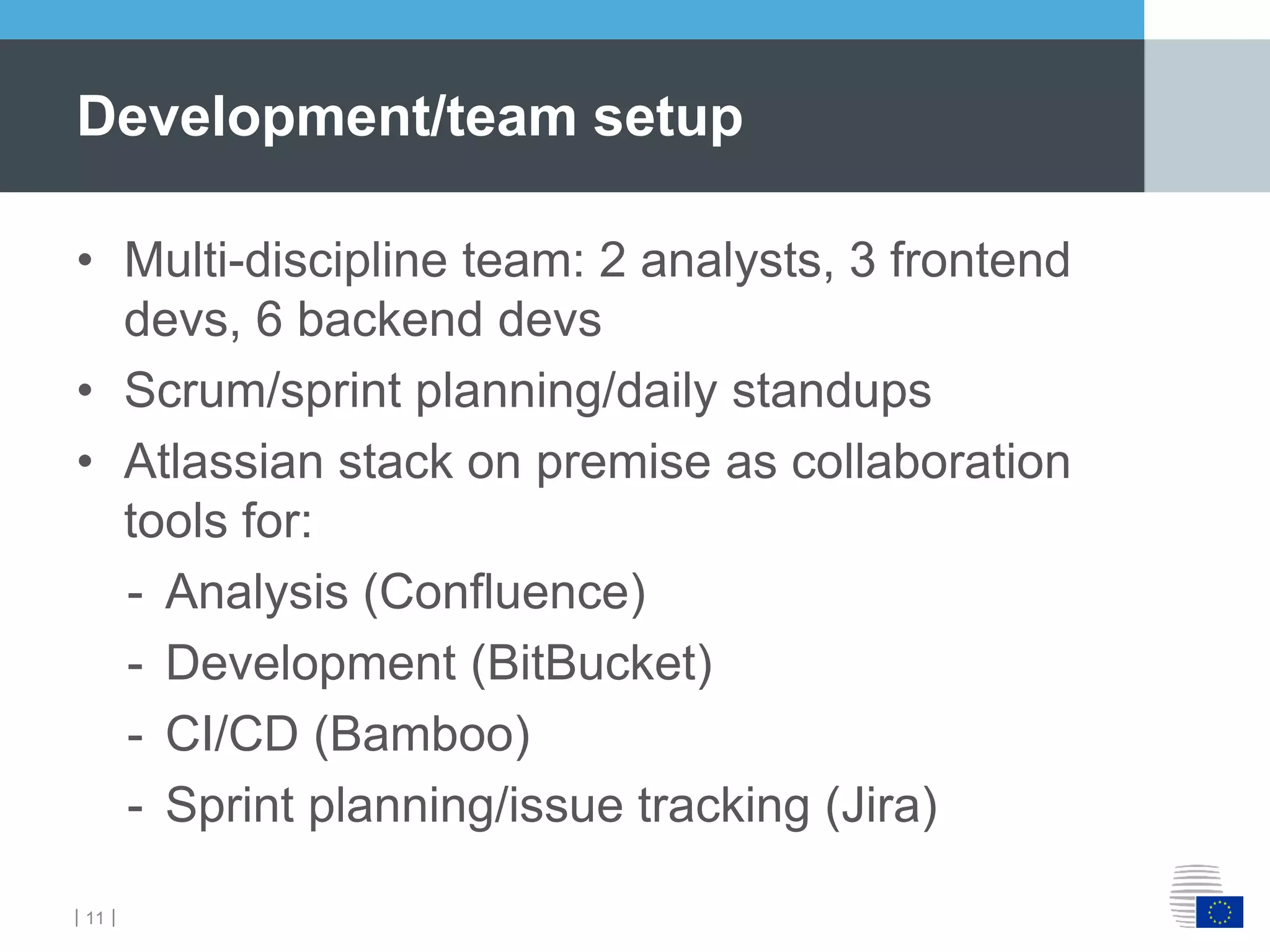 ｜11｜
• Multi-discipline team: 2 analysts, 3 frontend
devs, 6 backend devs
• Scrum/sprint planning/daily standups
• Atlassian stack on premise as collaboration
tools for:
- Analysis (Confluence)
- Development (BitBucket)
- CI/CD (Bamboo)
- Sprint planning/issue tracking (Jira)
Development/team setup
 