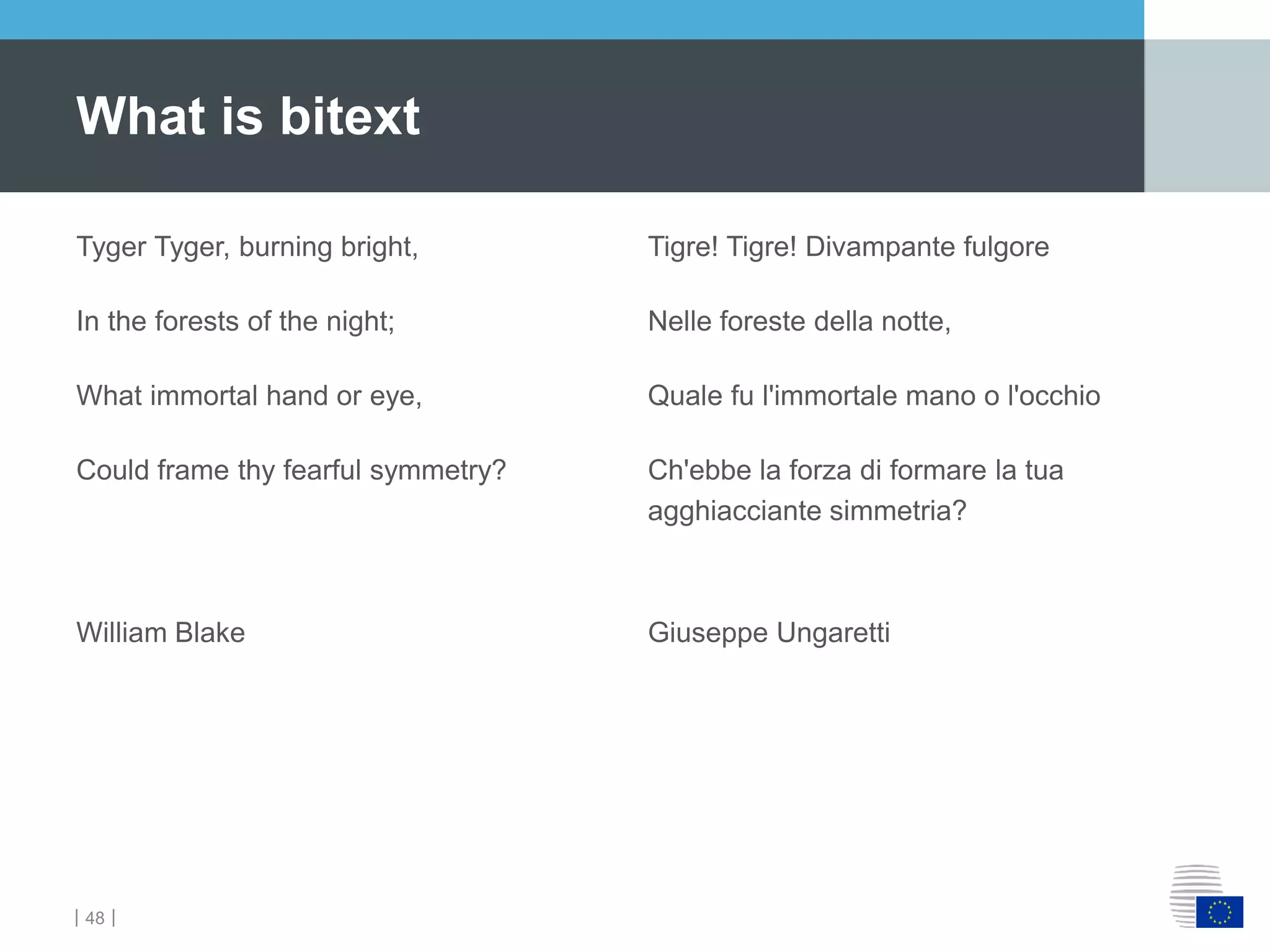 ｜48｜
Tyger Tyger, burning bright, Tigre! Tigre! Divampante fulgore
In the forests of the night; Nelle foreste della notte,
What immortal hand or eye, Quale fu l'immortale mano o l'occhio
Could frame thy fearful symmetry? Ch'ebbe la forza di formare la tua
agghiacciante simmetria?
William Blake Giuseppe Ungaretti
What is bitext
 