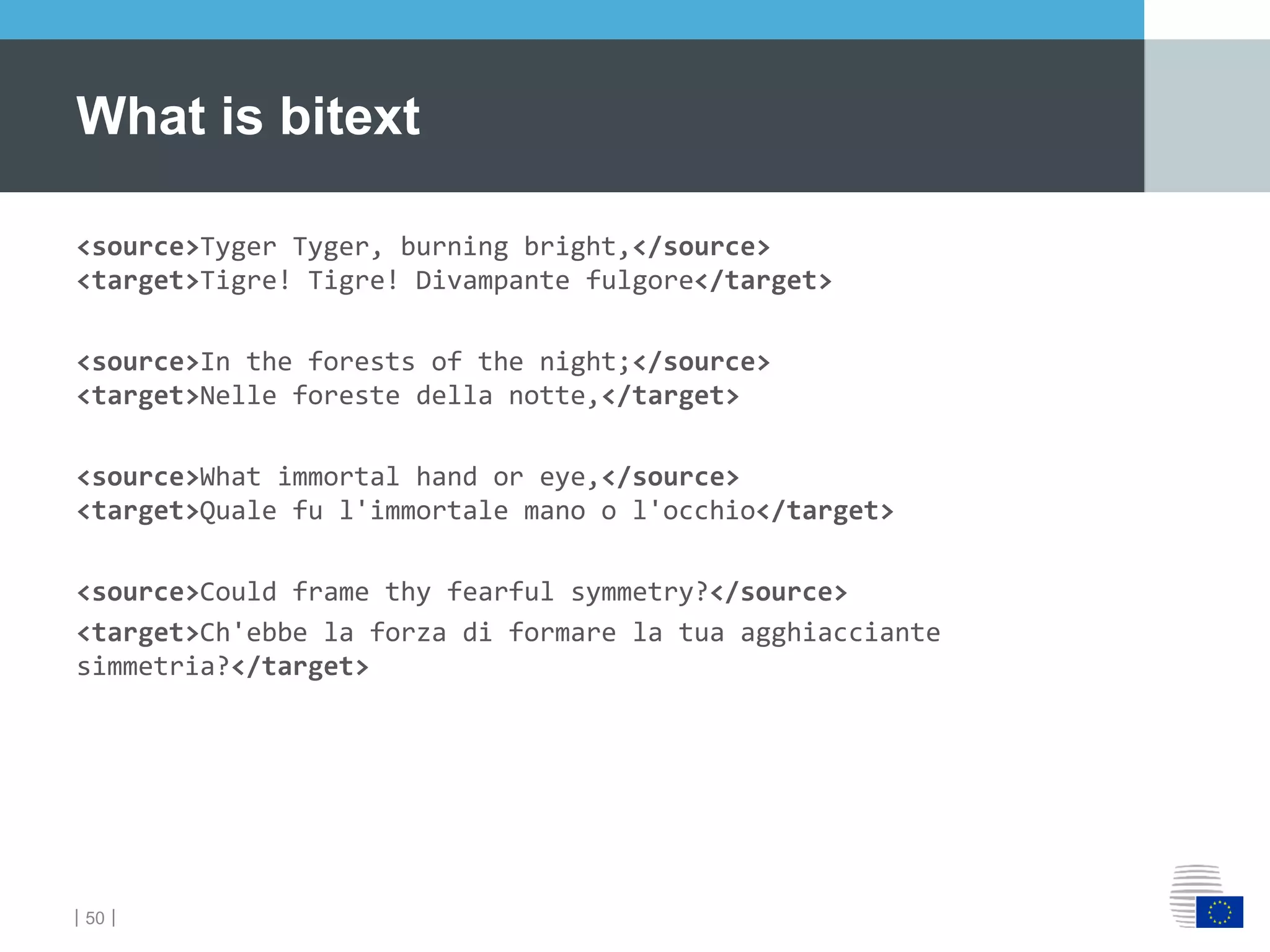 ｜50｜
<source>Tyger Tyger, burning bright,</source>
<target>Tigre! Tigre! Divampante fulgore</target>
<source>In the forests of the night;</source>
<target>Nelle foreste della notte,</target>
<source>What immortal hand or eye,</source>
<target>Quale fu l'immortale mano o l'occhio</target>
<source>Could frame thy fearful symmetry?</source>
<target>Ch'ebbe la forza di formare la tua agghiacciante
simmetria?</target>
What is bitext
 