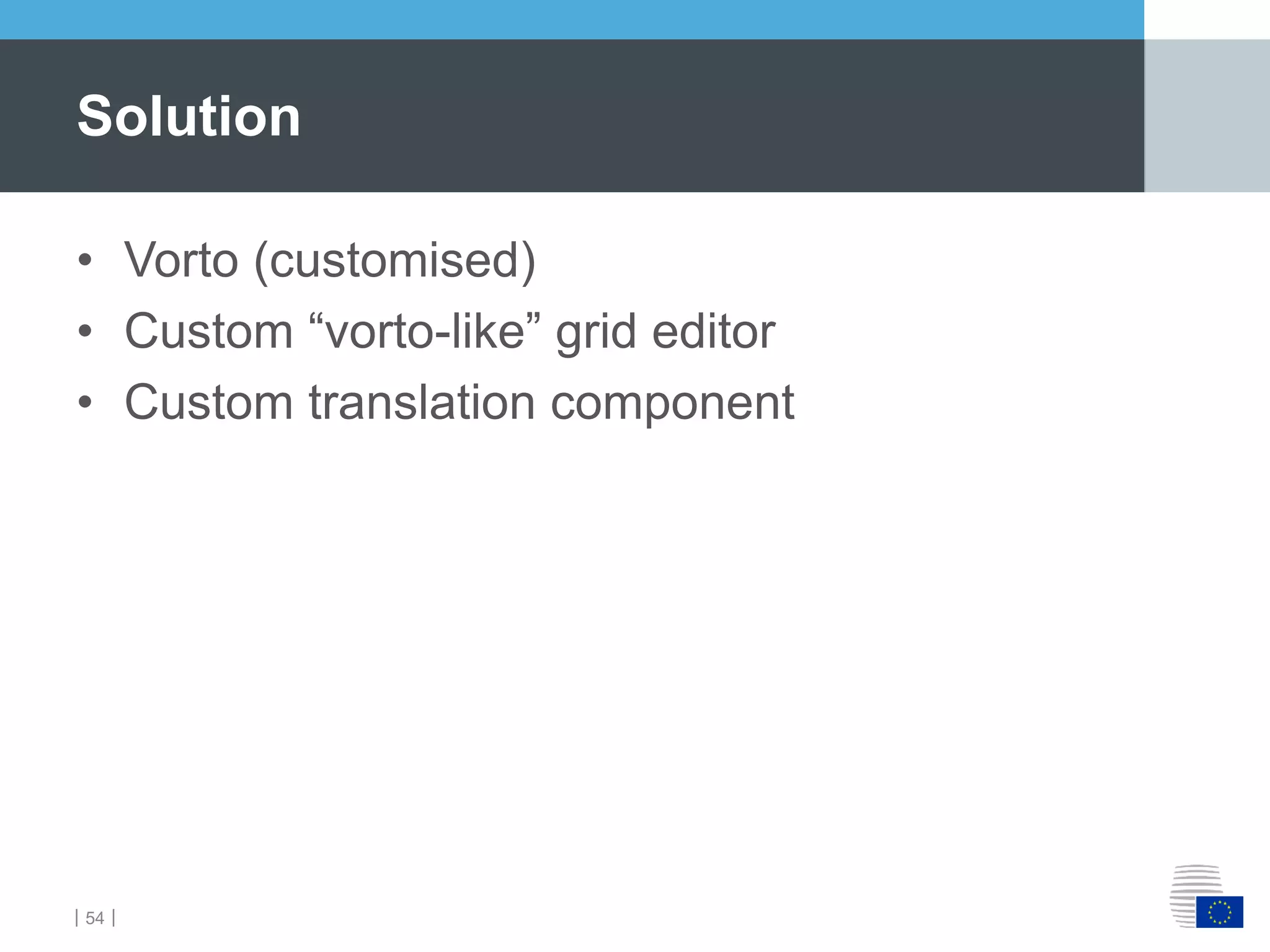 ｜54｜
• Vorto (customised)
• Custom “vorto-like” grid editor
• Custom translation component
Solution
 