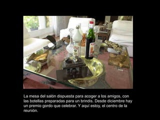 La mesa del salón dispuesta para acoger a los amigos, con
las botellas preparadas para un brindis. Desde diciembre hay
un premio gordo que celebrar. Y aquí estoy, el centro de la
reunión.
 