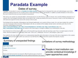 Paradata Example
An example of paradata for a blog post on use
of Blekko for an SEO analysis of Russell
Group Universities...
