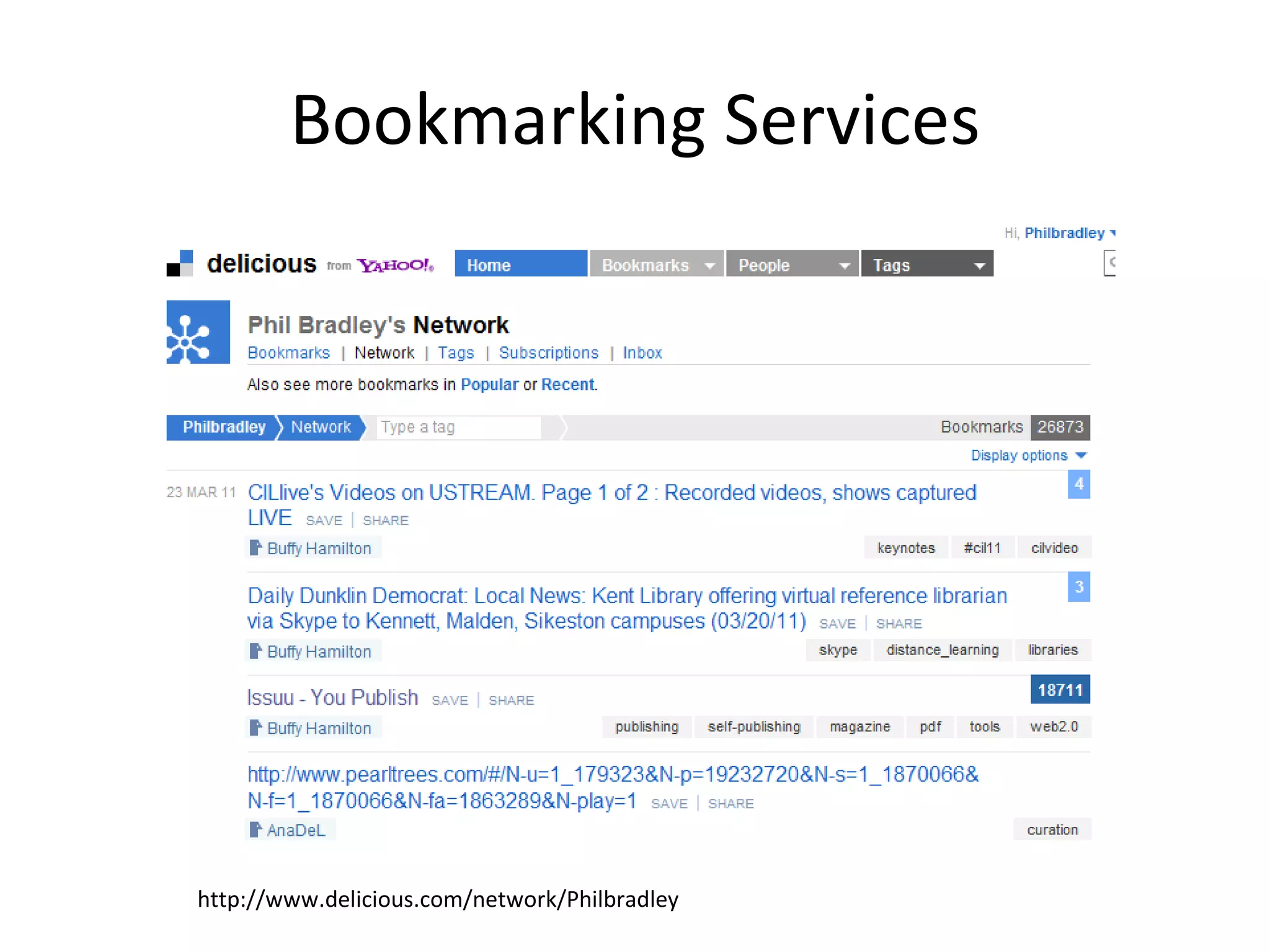 Bookmarking Services http://www.delicious.com/network/Philbradley 