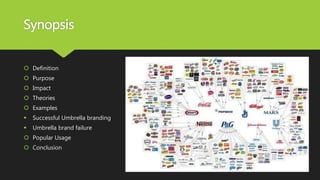 Synopsis
 Definition
 Purpose
 Impact
 Theories
 Examples
 Successful Umbrella branding
 Umbrella brand failure
 Popular Usage
 Conclusion
 