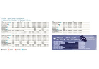 Linea C Orario feriale lunedì-sabato
P.Matteotti-P.U.d'Itlia-Staz.FS-P.Garibaldi-V.Ermini
Note                                             Sc    NSc      Sc                                                                                      Note                                                           OL
P.ZA MATTEOTTI ASSISI        05.35             06.30   06.30            07.10   07.40           08.10   08.40   09.10   09.40 10.10     10.40   11.10   P.ZA MATTEOTTI ASSISI        19.10   19.40    20.10   20.40   21.00    21.18   22.10   23.00
L.GO PROPERZIO               05.38             06.33   06.33            07.13   07.43           08.13   08.43   09.13   09.43 10.13     10.43   11.13   L.GO PROPERZIO               19.13   19.43    20.13   20.43   21.03    21.21   22.13   23.03
V.V.EMANUELE II              05.39             06.34   06.34            07.14   07.44           08.14   08.44   09.14   09.44 10.14     10.44   11.14   V.V.EMANUELE II              19.14   19.44    20.14   20.44   21.04    21.22   22.14   23.04
P.ZA U.ITALIA ASSISI         05.41             06.36   06.36            07.16   07.46           08.16   08.46   09.16   09.46 10.16     10.46   11.16   P.ZA U.ITALIA ASSISI         19.16   19.46    20.16   20.46   21.06    21.24   22.16   23.06
IST.S.NICCOLO`               05.42             06.37   06.37            07.17   07.47           08.17   08.47   09.17   09.47 10.17     10.47   11.17   IST.S.NICCOLO`               19.17   19.47    20.17   20.47   21.07    21.25   22.17   23.07
V.LE P.D`ITALIA P.L.         05.47             06.42   06.42            07.22   07.52           08.22   08.52   09.22   09.52 10.22     10.52   11.22   V.LE P.D`ITALIA P.L.         19.22   19.52    20.22   20.52   21.12    21.30   22.22   23.12
STAZ.ASSISI                  05.48 06.30       06.43   06.43 07.00      07.23   07.53 07.53     08.23   08.53   09.23   09.53 10.23     10.53   11.23   STAZ.ASSISI                  19.23   19.53    20.23   20.53   21.13    21.31   22.23   23.13
RIVOTORTO                                                                                               08.57                 10.27                     RIVOTORTO                    19.27
STAZ.ASSISI                                                                                             09.01                 10.31                     STAZ.ASSISI                  19.31
P.ZZA GARIBALDI S.M.ANGELI   05.51 06.32 06.45 06.46 07.02                                              09.03           09.56 10.33
                                                                                                                                  11.26                 P.ZZA GARIBALDI S.M.ANGELI   19.33   19.56 20.26 20.56 21.15 21.34 22.26 23.16
V.P.FRANCESCANI                                                    07.24                07.55 08.24       09.24             10.54                       V.P.FRANCESCANI
V.L.ANGELES FONDO CHIESA                                           07.26                07.57 08.26       09.26             10.56                       V.L.ANGELES FONDO CHIESA
V.ERMINI                     05.54 06.36               06.49 07.06 07.29                07.59 08.29 09.04 09.29 09.59 10.34 10.59 11.29                 V.ERMINI                     19.34 19.59 20.29 20.59 21.19 21.37 22.29 23.19
                             Sc) Scolastico      NSc) Non Scolastico                                                                                                                 OL) Ora Legale

P.ZA MATTEOTTI ASSISI        11.40   12.10     12.40   13.10   13.40    14.10   14.40   15.10   15.40   16.10   16.40   17.10   17.40   18.10   18.40
L.GO PROPERZIO               11.43   12.13     12.43   13.13   13.43    14.13   14.43   15.13   15.43   16.13   16.43   17.13   17.43   18.13   18.43
V.V.EMANUELE II              11.44   12.14     12.44   13.14   13.44    14.14   14.44   15.14   15.44   16.14   16.44   17.14   17.44   18.14   18.44
P.ZA U.ITALIA ASSISI         11.46   12.16     12.46   13.16   13.46    14.16   14.46   15.16   15.46   16.16   16.46   17.16   17.46   18.16   18.46                                         NAVIGAZIONE                                              UFFICIO NAVIGAZIONE
                                                                                                                                                                                                                                                       TEL E FAX 075 827157
IST.S.NICCOLO`
V.LE P.D`ITALIA P.L.
                             11.47
                             11.52
                                     12.17
                                     12.22
                                               12.47
                                               12.52
                                                       13.17
                                                       13.22
                                                               13.47
                                                               13.52
                                                                        14.17
                                                                        14.22
                                                                                14.47
                                                                                14.52
                                                                                        15.17
                                                                                        15.22
                                                                                                15.47
                                                                                                15.52
                                                                                                        16.17
                                                                                                        16.22
                                                                                                                16.47
                                                                                                                16.52
                                                                                                                        17.17
                                                                                                                        17.22
                                                                                                                                17.47
                                                                                                                                17.52
                                                                                                                                        18.17
                                                                                                                                        18.22
                                                                                                                                                18.47
                                                                                                                                                18.52                                         LAGO TRASIMENO                                           NUMERO VERDE 800 512 141
                                                                                                                                                                                                                                                       WWW.UMBRIAMOBILITA.IT
STAZ.ASSISI                  11.53   12.23     12.53   13.23   13.53    14.23   14.53   15.23   15.53   16.23   16.53   17.23   17.53   18.23   18.53
RIVOTORTO                    11.57                     13.27                    14.57                   16.27                   17.57                      I NOSTRI COLLEGAMENTI
STAZ.ASSISI                  12.01                     13.31                    15.01                   16.31                   18.01                      PASSIGNANO SUL TRASIMENO                   TUORO NAVACCIA                     ISOLA MAGGIORE
P.ZZA GARIBALDI S.M.ANGELI   12.03                     13.33                    15.03                   16.33                   18.03                      PASSIGNANO SUL TRASIMENO                                                      ISOLA MAGGIORE
V.P.FRANCESCANI                    12.24 12.54       13.54 14.24       15.24 15.54       16.54 17.24       18.24 18.54                                     TUORO NAVACCIA                                                                ISOLA MAGGIORE
V.L.ANGELES FONDO CHIESA           12.26 12.56       13.56 14.26       15.26 15.56       16.56 17.26       18.26 18.56                                     SAN FELICIANO                                                                 ISOLA POLVESE
V.ERMINI                     12.04 12.29 12.59 13.34 13.59 14.29 15.04 15.29 15.59 16.34 16.59 17.29 18.04 18.29 18.59                                     CASTIGLIONE DEL LAGO                                                          ISOLA MAGGIORE
                                                                                                                                                           PASSIGNANO SUL TRASIMENO                                                      SAN FELICIANO
                                                                                                                                                           CASTIGLIONE DEL LAGO                                                          PASSIGNANO SUL TRASIMENO
   STAZIONE FS       OSPEDALE                 SCALE MOBILI        PARCHEGGIO

                                                                       P.14                                                                                                                                             P.15
 