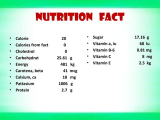 NUTRITION FACT
• Calorie 20
• Calories from fact 0
• Cholestrol 0
• Carbohydrat 25.61 g
• Energy 481 kg
• Carotena, beta 41 mcg
• Calsium, ca 18 mg
• Pattasium 1806 g
• Protein 2.7 g
• Sugar 17.16 g
• Vitamin a, iu 68 lu
• Vitamin B-6 0.81 mg
• Vitamin C 8 mg
• Vitamin E 2.5 kg
 