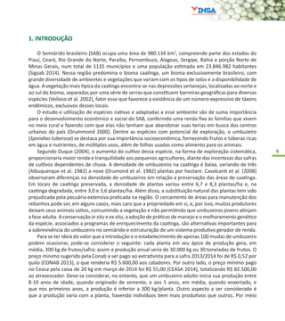 9
1. INTRODUÇÃO
O Semiárido brasileiro (SAB) ocupa uma área de 980.134 km2
, compreende parte dos estados do
Piauí, Ceará, Rio Grande do Norte, Paraíba, Pernambuco, Alagoas, Sergipe, Bahia e porção Norte de
Minas Gerais, num total de 1135 municípios e uma população estimada em 23.846.982 habitantes
(Sigsab 2014). Nessa região predomina o bioma caatinga, um bioma exclusivamente brasileiro, com
grande diversidade de ambientes e vegetações que variam com os tipos de solos e a disponibilidade de
água. A vegetação mais típica da caatinga encontra-se nas depressões sertanejas, localizadas ao norte e
ao sul do bioma, separadas por uma série de serras que constituem barreiras geográficas para diversas
espécies (Velloso et al. 2002), fator esse que favorece a existência de um número expressivo de táxons
endêmicos, exclusivos desses locais.
O estudo e utilização de espécies nativas e adaptadas a esse ambiente são de suma importância
para o desenvolvimento econômico e social do SAB, conferindo uma renda fixa às famílias que vivem
no meio rural e fazendo com que elas não tenham que abandonar suas terras em busca dos centros
urbanos do país (Drummond 2000). Dentre as espécies com potencial de exploração, o umbuzeiro
(Spondias tuberosa) se destaca por sua importância socioeconômica, fornecendo frutos e túberas ricas
em água e nutrientes, de múltiplos usos, além de folhas usadas como alimento para os animais.
Segundo Duque (2004), o aumento do cultivo dessa espécie, na forma de exploração sistemática,
proporcionaria maior renda e tranquilidade aos pequenos agricultores, diante das incertezas das safras
de cultivos dependentes de chuva. A densidade de umbuzeiros na caatinga é baixa, variando de três
(Albuquerque et al. 1982) a nove (Drumond et al. 1982) plantas por hectare. Cavalcanti et al. (2008)
observaram diferenças na densidade de umbuzeiros em relação a preservação das áreas de caatinga.
Em locais de caatinga preservada, a densidade de plantas variou entre 6,7 e 8,3 plantas/ha e, na
caatinga degradada, entre 3,0 e 3,6 plantas/ha. Além disso, a substituição natural das plantas tem sido
prejudicada pela pecuária extensiva praticada na região. O cercamento de áreas para manutenção dos
rebanhos pode ser, em alguns casos, mais caro que a propriedade em si, e, por isso, muitos produtores
deixam seus animais soltos, consumindo a vegetação e não permitindo que umbuzeiros jovens atinjam
a fase adulta. A conservação in situ e ex situ, a adoção de práticas de manejo e o melhoramento genético
da espécie, associados a programas de enriquecimento da caatinga, são alternativas importantes para
a sobrevivência do umbuzeiro no semiárido e estruturação de um sistema produtivo gerador de renda.
Para se ter ideia do valor que a introdução e o estabelecimento de apenas 100 mudas de umbuzeiro
podem ocasionar, pode-se considerar o seguinte: cada planta em seu ápice de produção gera, em
média, 300 kg de frutos/safra; assim a produção anual seria de 30.000 kg ou 30 toneladas de frutos. O
preço mínimo sugerido pela Conab a ser pago ao extrativista para a safra 2013/2014 foi de R$ 0,52 por
quilo (CONAB 2013), o que renderia R$ 5.600,00 aos catadores. Por outro lado, o preço mínimo pago
no Ceasa pela caixa de 20 kg em março de 2014 foi R$ 55,00 (CEASA 2014), totalizando R$ 82.500,00
ao atravessador. Deve-se considerar, no entanto, que um umbuzeiro adulto inicia sua produção entre
8-10 anos de idade, quando originado de semente, e aos 5 anos, em média, quando enxertado, e
que nos primeiros anos, a produção é inferior a 300 kg/planta. Outro aspecto a ser considerado é
que a produção varia com a planta, havendo indivíduos bem mais produtivos que outros. Por meio
 