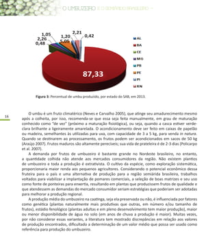 16
O umbu é um fruto climatérico (Neves e Carvalho 2005), que atinge seu amadurecimento mesmo
após a colheita, por isso, recomenda-se que essa seja feita manualmente, em grau de maturação
conhecido como “de vez” (próximo a maturação fisiológica), ou seja, quando a casca estiver verde-
clara brilhante a ligeiramente amarelada. O acondicionamento deve ser feito em caixas de papelão
ou madeira, semelhantes às utilizadas para uva, com capacidade de 3 a 5 kg, para venda in natura.
Quando se destinarem ao processamento, os frutos podem ser acondicionados em sacos de 50 kg
(Araújo 2007). Frutos maduros são altamente perecíveis; sua vida de prateleira é de 2-3 dias (Policarpo
et al. 2007).
A demanda por frutos de umbuzeiro é bastante grande no Nordeste brasileiro, no entanto,
a quantidade colhida não atende aos mercados consumidores da região. Não existem plantios
de umbuzeiro e toda a produção é extrativista. O cultivo da espécie, como exploração sistemática,
proporcionaria maior renda aos pequenos agricultores. Considerando o potencial econômico dessa
fruteira para o país e uma alternativa de produção para a região semiárida brasileira, trabalhos
voltados para viabilizar a implantação de pomares comerciais, a seleção de boas matrizes e seu uso
como fonte de ponteiras para enxertia, resultando em plantas que produzissem frutos de qualidade e
que atendessem as demandas do mercado consumidor seriam estratégias que poderiam ser adotadas
para melhorar a produção regional.
A produção média do umbuzeiro na caatinga, seja ela preservada ou não, é influenciada por fatores
como genética (plantas naturalmente mais produtivas que outras, em número e/ou tamanho de
frutos), estádio fenológico (plantas adultas e em pleno desenvolvimento tem maior produção), maior
ou menor disponibilidade de água no solo (em anos de chuva a produção é maior). Muitas vezes,
por não considerar essas variantes, a literatura tem mostrado discrepâncias em relação aos valores
de produção encontrados, dificultado a determinação de um valor médio que possa ser usado como
referência para produção do umbuzeiro.
Figura 3: Percentual de umbu produzido, por estado do SAB, em 2013.
87,33
0,48
2,26
1,05
5,05
1,20
2,21
0,42
 