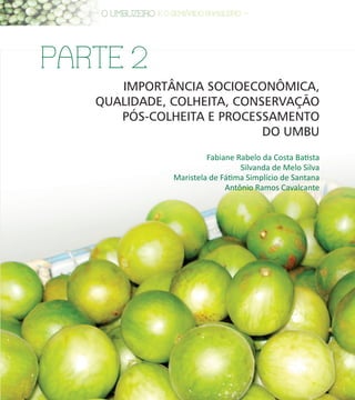 IMPORTÂNCIA SOCIOECONÔMICA,
QUALIDADE, COLHEITA, CONSERVAÇÃO
PÓS-COLHEITA E PROCESSAMENTO
DO UMBU
PARTE 2
Fabiane Rabelo da Costa Batista
Silvanda de Melo Silva
Maristela de Fátima Simplício de Santana
Antônio Ramos Cavalcante
 