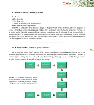 51
Figura 12: Caminho percorrido pelos
frutos de umbu até o consumidor final e
valor (entre parênteses) de uma saca de
45 kg de frutos em cada etapa da cadeia.
• Sorvete de umbu (Cerratinga 2014)
1 L de leite
400 g de umbu
350 g de açúcar
1 colher (sobremesa) de emulsificante
folhas de hortelã ou capim santo
Cozinhe os umbus no leite até que a polpa se desprenda do caroço. Retire-a, adicione o açúcar e
deixe esfriar. Bata a mistura aos poucos na batedeira junto com o emulsificante, adicione o hortelã ou
o capim santo. Transfira para uma tigela e leve ao congelador por 40 minutos. Retire do congelador e
bata novamente na batedeira por 10 minutos, até que a massa fique bem homogênea. Leve de novo ao
congelador por mais 40 minutos. Bata novamente na batedeira por mais 10 minutos e leve novamente
ao freezer por duas horas. Sirva em seguida.
10.2. Rendimento e custos de processamento
De acordo com Santos (2010) e Costa (2011), o processamento do umbu é extremamente vantajoso
para os agricultores locais que tem na coleta uma atividade geradora de renda. A Figura 12 resume o
caminho percorrido pelos frutos de umbu, desde a caatinga, até chegar ao consumidor final, e mostra
o valor de uma saca de 45 kg de frutos em cada etapa.
 