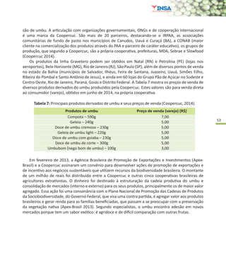 53
Produtos de umbu Preço de venda (varejo) (R$)
Compota – 590g 7,00
Geleia – 240g 5,00
Doce de umbu cremoso – 230g 5,00
Geleia de umbu light – 220g 5,00
Doce de umbu com goiaba – 230g 5,00
Doce de umbu de corte – 300g 5,00
Umbubom (nego bom de umbu) – 100g 3,00
Tabela 7: Principais produtos derivados de umbu e seus preços de venda (Coopercuc, 2014).
Em fevereiro de 2013, a Agência Brasileira de Promoção de Exportações e Investimentos (Apex-
Brasil) e a Coopercuc assinaram um convênio para desenvolver ações de promoção de exportações e
de incentivo aos negócios sustentáveis que utilizem recursos da biodiversidade brasileira. O montante
de um milhão de reais foi distribuído entre a Coopercuc e outras cinco cooperativas brasileiras de
agricultores extrativistas. O dinheiro foi destinado à estruturação da cadeia produtiva do umbu e
consolidação de mercados (interno e externo) para os seus produtos, principalmente os de maior valor
agregado. Essa ação foi uma consonância com o Plano Nacional de Promoção das Cadeias de Produtos
da Sociobiodiversidade, do Governo Federal, que visa uma contra partida, é agregar valor aos produtos
brasileiros e gerar renda para as famílias beneficiadas, que passam a se preocupar com a preservação
da vegetação nativa (Apex-Brasil 2013). Segundo especialistas, o umbu encontra adesão em novos
mercados porque tem um sabor exótico: é agridoce e de difícil comparação com outras frutas.
são de umbu. A articulação com organizações governamentais, ONGs e de cooperação internacional
é uma marca da Coopercuc. São mais de 20 parceiros, destacando-se o IRPAA, as associações
comunitárias de fundo de pasto nos municípios de Canudos, Uauá e Curaçá (BA), a CONAB (maior
cliente na comercialização dos produtos através do PAA e parceiro de caráter educativo), os grupos de
produção, que segundo a Coopercuc, são a própria cooperativa, prefeituras, MDA, Sebrae e Slowfood
(Coopercuc 2014).
Os produtos da linha Gravetero podem ser obtidos em Natal (RN) e Petrolina (PE) (lojas nos
aeroportos), Belo Horizonte (MG), Rio de Janeiro (RJ), São Paulo (SP), além de diversos pontos de venda
no estado da Bahia (municípios de Salvador, Ilhéus, Feira de Santana, Juazeiro, Uauá, Simões Filho,
Ribeira do Pombal e Santo Antônio de Jesus), e ainda em 60 lojas do Grupo Pão de Açúcar no Sudeste e
Centro Oeste, Rio de Janeiro, Paraná, Goiás e Distrito Federal. A Tabela 7 mostra os preços de venda de
diversos produtos derivados do umbu produzidos pela Coopercuc. Estes valores são para venda direta
ao consumidor (varejo), obtidos em junho de 2014, na própria cooperativa.
 