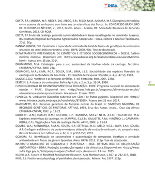 57
COSTA, F.R.; MOURA, N.F.; NEDER, D.G.; REGO, E.R.; REGO, M.M.; MOURA, M.F. Divergência fenotípica
entre acessos de umbuzeiro com base em características dos frutos. In: CONGRESSO BRASILEIRO
DE RECURSOS GENÉTICOS, 2., 2012, Belém. Anais... Brasília, DF: Sociedade Brasileira de Recursos
Genéticos, 2012. CD-ROM.
COSTA, T.P. Frutas da caatinga: gerando sustentabilidade em áreas recaatingadas no semiárido. Juazeiro,
BA: Instituto Regional da Pequena Agropecuária Apropriada – Irpaa, Editora e Gráfica Franciscana,
2011. 50p.
DANTAS JUNIOR, O.R. Qualidade e capacidade antioxidante total de frutos de genótipos de umbuzeiro
oriundos do semi-árido nordestino. Areia: UFPB, 2008. 90p. Tese de doutorado.
DEPARTAMENTO INTERSINDICAL DE ESTATÍSTICA E ESTUDOS SOCIOECONÔMICOS – DIEESE. Salário
mínimo nominal. Disponível em: <http://www.dieese.org.br/analisecestabasica/salarioMinimo.
html>. Acesso em: 25 abr. 2014.
DRUMMOND, M.A. Estratégias para o uso sustentável da biodiversidade da caatinga. Petrolina:
EMBRAPA/ CPTSA, 2000. 23p.
DRUMOND, M.A.; LIMA, P.C.F.; SOUZA, S.M.; LIMA, J.L.S. Sociabilidade das espécies florestais da
caatinga em Santa Maria da Boa Vista – PE. Boletim de Pesquisa Florestal, n. 4, p. 47-59, 1982.
DUQUE, J.G.O. Nordeste e as lavouras xerófilas. 4. ed. Fortaleza: BNB, 2004. 236p.
EPSTEIN, L. A riqueza do umbuzeiro. Bahia Agrícola, v. 2, n. 3, p. 31-34, 1998.
FUNDO NACIONAL DE DESENVOLVIMENTO DA EDUCAÇÃO - FNDE. Programa nacional de alimentação
escolar – PNAE. Disponível em: <http://www.fnde.gov.br/programas/alimentacao-escolar/
alimentacao-escolar-apresentacao>. Acesso em: 11 mar. 2013.
FONSECA, N. Umbuzeiro (Spondias tuberosa Arr. Câm.) de frutos gigantes. Disponível em: <http://
www. infoteca.cnptia.embrapa.br/handle/doc/873958>. Acesso em: 21 mar. 2014.
GIACOMETTI, D.C. Recursos genéticos de fruteiras nativas do Brasil. In: SIMPÓSIO NACIONAL DE
RECURSOS GENÉTICOS DE FRUTEIRAS NATIVAS, 1992, Cruz das Almas. Anais... Cruz das Almas:
EMBRAPA-CNPMF, 1992. p. 13-27.
GIULIETTI, A.M.; HARLEY, R.M.; QUEIROZ, L.P.; BARBOSA, M.R.V.; NETA, A.L.B.; FIGUEIREDO, M.A.
Espécies endêmicas da caatinga. In: SAMPAIO, E.V.S.B.; GIULIETTI, A.M.; VIRGÍNIO, J.; GAMARRA-
ROJAS, C.F.L. Vegetação e flora da caatinga. Recife: APNE, 2002. p. 11-24.
GOMES, W.A.; MENDONÇA, R.M.N.; SOUZA, E.P.; ESTRELA, M.A.; MELO, V.E.S.; SILVA, S.M.; SOUZA,
A.P. Garfagem e diâmetro de porta-enxerto na obtenção de mudas de umbuzeiro do acesso laranja.
Revista Brasileira de Fruticultura, v. 32, n. 3, p.952-959, 2010.
GONDIM, P.J. Identificação de caratenoides e quantificação de compostos bioativos e atividade
antioxidante em frutos do gênero Spondias. Areia: UFPB, 2012. 119p. Tese de doutorado.
INSTITUTO BRASILEIRO DE GEOGRAFIA E ESTATÍSTICA – IBGE. SISTEMA IBGE DE RECUPERAÇÃO
AUTOMÁTICA – SIDRA. Produção da extração vegetal e da silvicultura. Disponível em: <http://www.
sidra.ibge.gov.br/ bda/pesquisas/pevs/default.asp>. Acesso em: 13 mar. 2015.
KADER, A.A. Future of Modified Atmosphere Research. Acta Horticulturae, v. 857, p. 212-217, 2010.
KAYS, S.J. Postharvest physiology of perishable plant products. Athens: Avi, 1997. 532p.
 