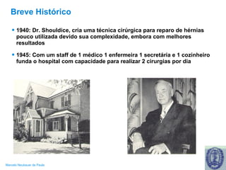 Breve Histórico 1940: Dr. Shouldice, cria uma técnica cirúrgica para reparo de hérnias pouco utilizada devido sua complexidade, embora com melhores resultados 1945: Com um staff de 1 médico 1 enfermeira 1 secretária e 1 cozinheiro funda o hospital com capacidade para realizar 2 cirurgias por dia 